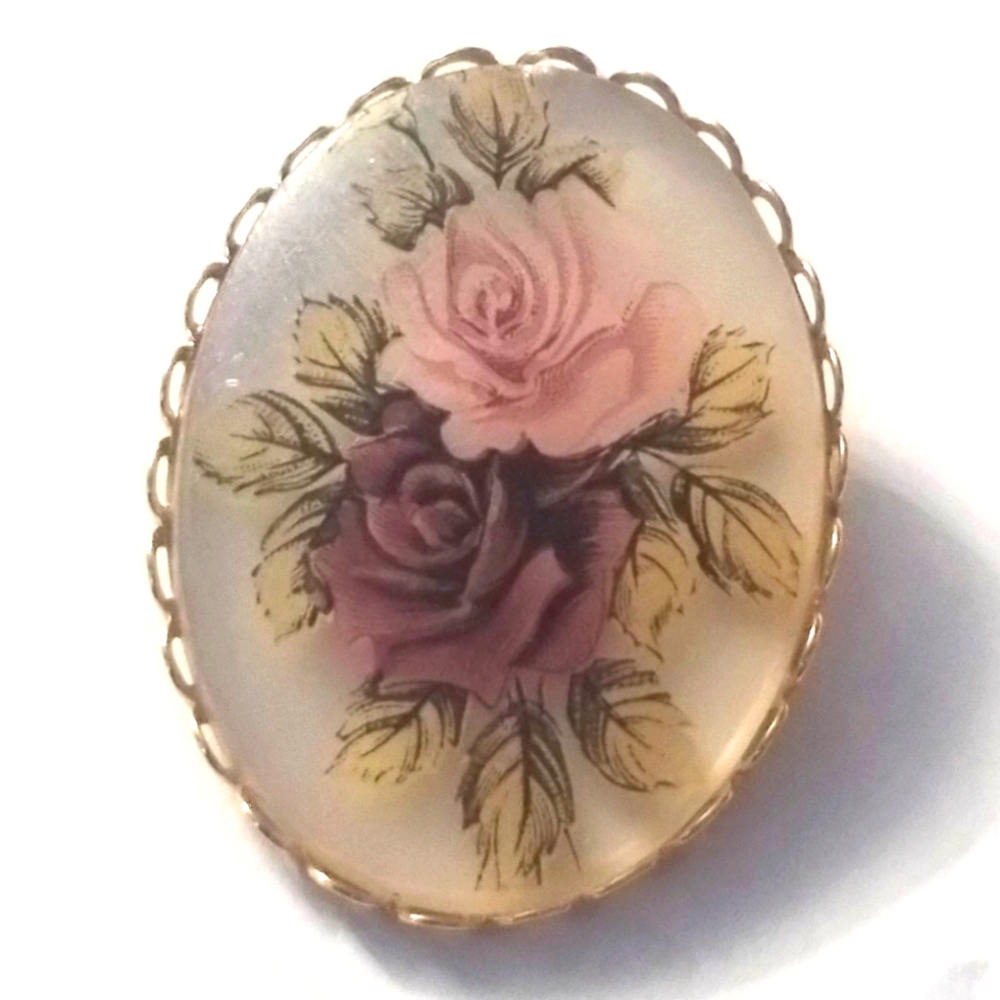 Vtg 1970s Large Frosted Glass Roses Cabochon  Roses Pin Brooch